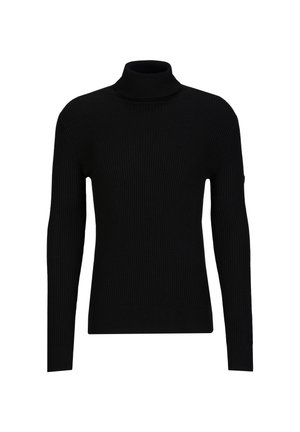 Zwarte geribbelde coltrui met lange mouwen, voorzien van een getailleerd ontwerp en textuurstof, geschikt voor casual of gelaagde outfits.