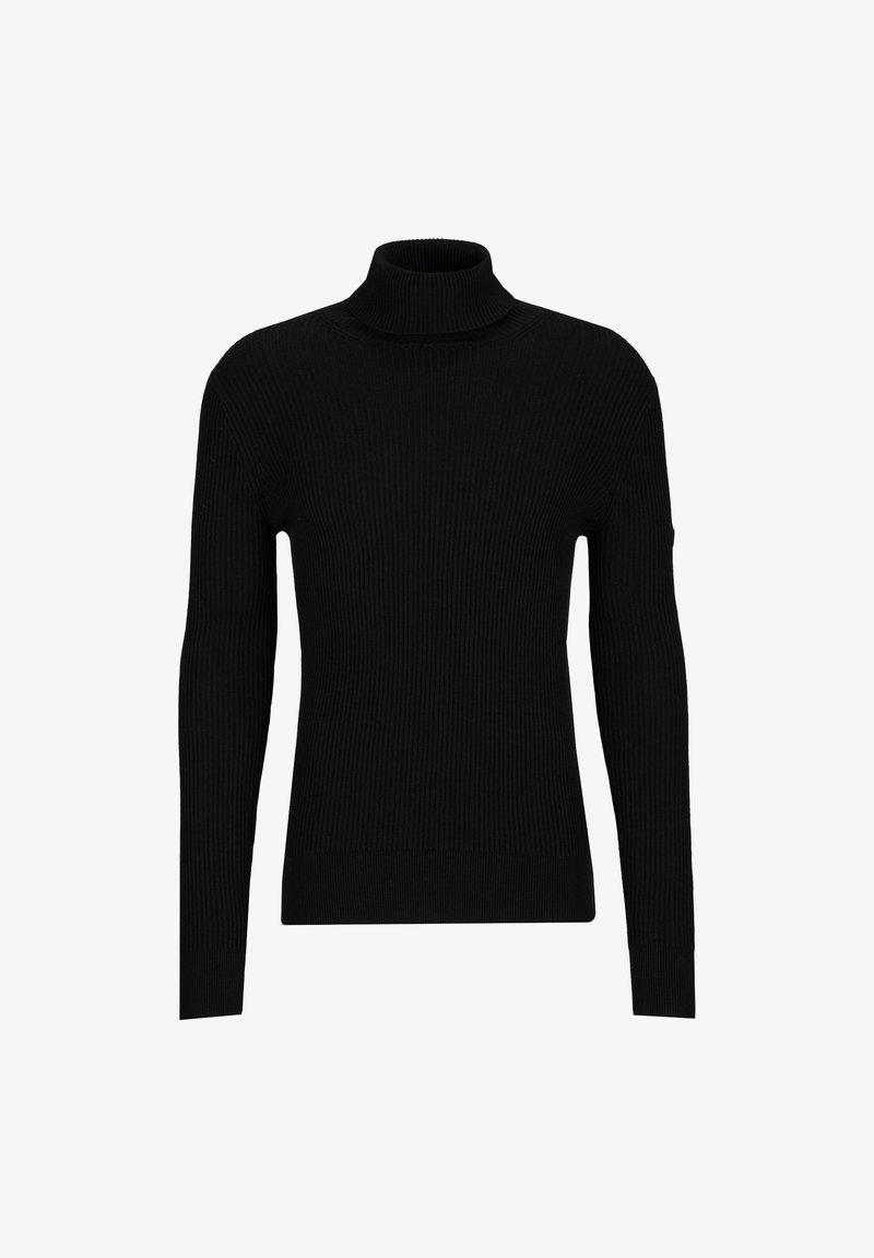 Schwarzer, gerippter Rollkragenpullover mit langen Ärmeln, der ein tailliertes Design und ein strukturiertes Gewebe bietet, ideal für lässige oder geschichtete Outfits.