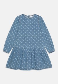 Denimkjole med lange ermer, rynket skjørt, lyseblå farge og hvitt abstrakt mønster. Rund hals og elastiske mansjetter.