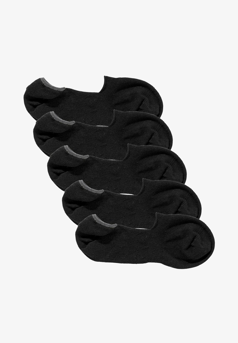 Schwarze Knöchelsocken in einem Stapel angeordnet. Mit grauen Akzenten an den Bündchen. Hergestellt aus einem weichen, strukturierten Stoff.