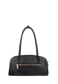 Borsa nera in pelle con due manici rotondi, una tasca frontale con zip e dettagli in metallo color oro. Texture liscia con una forma strutturata.