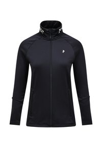 Giacca atletica nera con zip, colletto alto, maniche raglan, due tasche laterali e un piccolo logo sul petto. Tessuto morbido e elastico.
