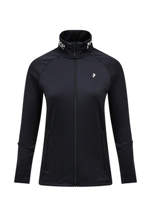 Zwarte sportjack met ritssluiting en hoge kraag, raglanmouwen, twee zijzakken en een klein logo op de borst. Zacht, rekbaar materiaal.