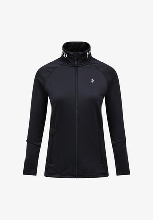 Zwarte sportjack met ritssluiting en hoge kraag, raglanmouwen, twee zijzakken en een klein logo op de borst. Zacht, rekbaar materiaal.