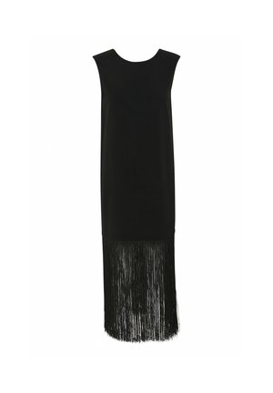 Schwarzes Kleid mit ärmellosem Design, das eine gerade Silhouette aufweist und einen Fransenabschluss hat, der am unteren Ende für Textur und Bewegung sorgt.