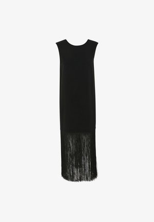 Robe noire au design sans manches, présentant une silhouette droite et un ourlet à franges qui ajoute de la texture et du mouvement en bas.