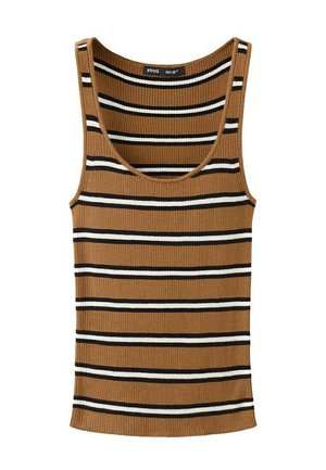 Ærmeløs ribbet tanktop med horisontale brune, sorte og hvide striber og rund udskæring.