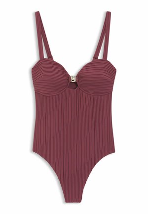 Einteiliger Badeanzug in Pflaumenfarbe mit plissierter Textur, geformten Cups, dünnen doppelten Schulterträgern und einem kleinen Metallverschluss in der Mitte vorne.