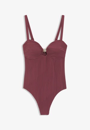 Einteiliger Badeanzug in Pflaumenfarbe mit plissierter Textur, geformten Cups, dünnen doppelten Schulterträgern und einem kleinen Metallverschluss in der Mitte vorne.