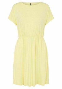 Jasnożółta sukienka z krótkim rękawem, zebrana w talii, o okrągłym dekolcie, długość do kolan, w stylu casual.