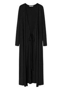 Long gilet noir ouvert sur le devant, manches longues et fermeture à nouer à la taille, réalisé en tissu léger.