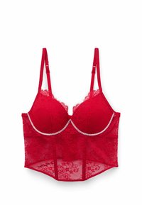 Czerwony koronkowy biustonosz z fiszbinami, szczegółowym wzorem koronki, regulowanymi ramiączkami i ozdobnym obszyciem z cyrkonii wzdłuż dekoltu.