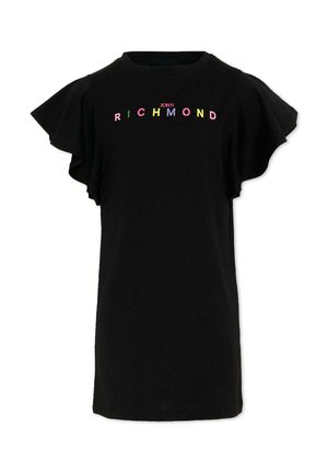 Robe noire à manches courtes avec manches à volants et texte « John Richmond » en lettres multicolores sur la poitrine.