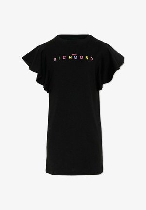 Vestito nero a manica corta con maniche arricciate e scritta "John Richmond" in lettere multicolori sul petto.