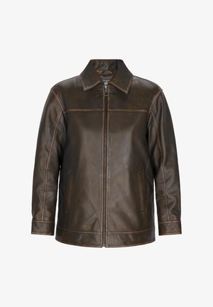 Bruine leren jas met een ritssluiting, puntige kraag, zijzakken en gestikte details. Soepele textuur met een licht verouderde uitstraling.