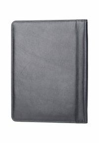 Closed black leather portfolio folder with visible stitching on a white background.