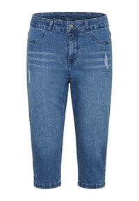 Blå denim capri-jeans med rak skärning, utrustad med fem fickor och lätt slitningar fram. Blekt tvätt med en mjuk textur.