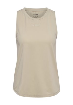 Beige ærmeløs atletisk tanktop med rund halsudskæring og "hummel"-logo centreret på brystet.
