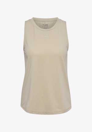 Beige mouwloos atletisch tanktop met ronde hals en het "hummel"-logo gecentreerd op de borst.