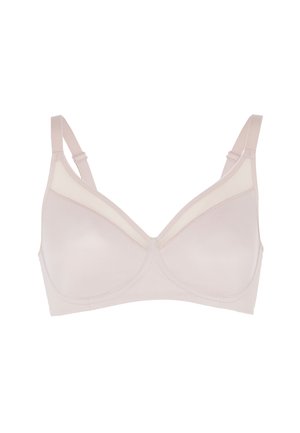 Reggiseno rosa chiaro in tessuto morbido, con coppe sagomate, design senza cuciture, spalline regolabili e un dettaglio semi-trasparente lungo il bordo superiore.