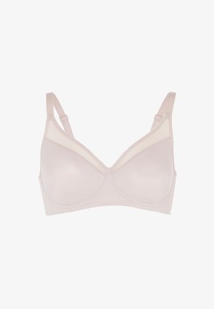 Reggiseno rosa chiaro in tessuto morbido, con coppe sagomate, design senza cuciture, spalline regolabili e un dettaglio semi-trasparente lungo il bordo superiore.
