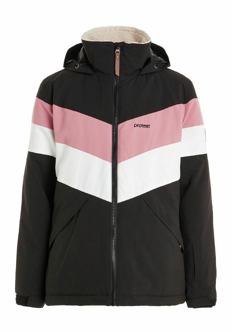 Veste noire avec un design en chevrons rose et blanc, fermeture éclair à l'avant, capuche et doublure en peluche. Comprend des poches latérales et un logo de marque sur la poitrine.
