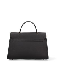 Borsa nera in pelle con una forma strutturata, manico superiore e superficie liscia. Presenta una chiusura a pattina e dettagli di cucitura discreti.