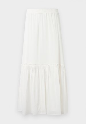Jupe maxi blanche à volants avec taille élastique et détail de couture froncée au-dessus de l'ourlet, présentée sur un fond uni.