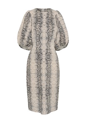 Abito con maniche a sbuffo in stampa serpente, con una base beige e motivi neri e grigi, taglio fino al ginocchio e tessuto dalla texture morbida.