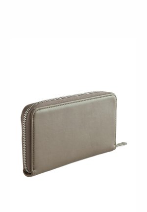 Zip-around wallet in light gray, featuring a sleek, smooth leather design. Notable for its minimalist shape and metallic zipper detail.