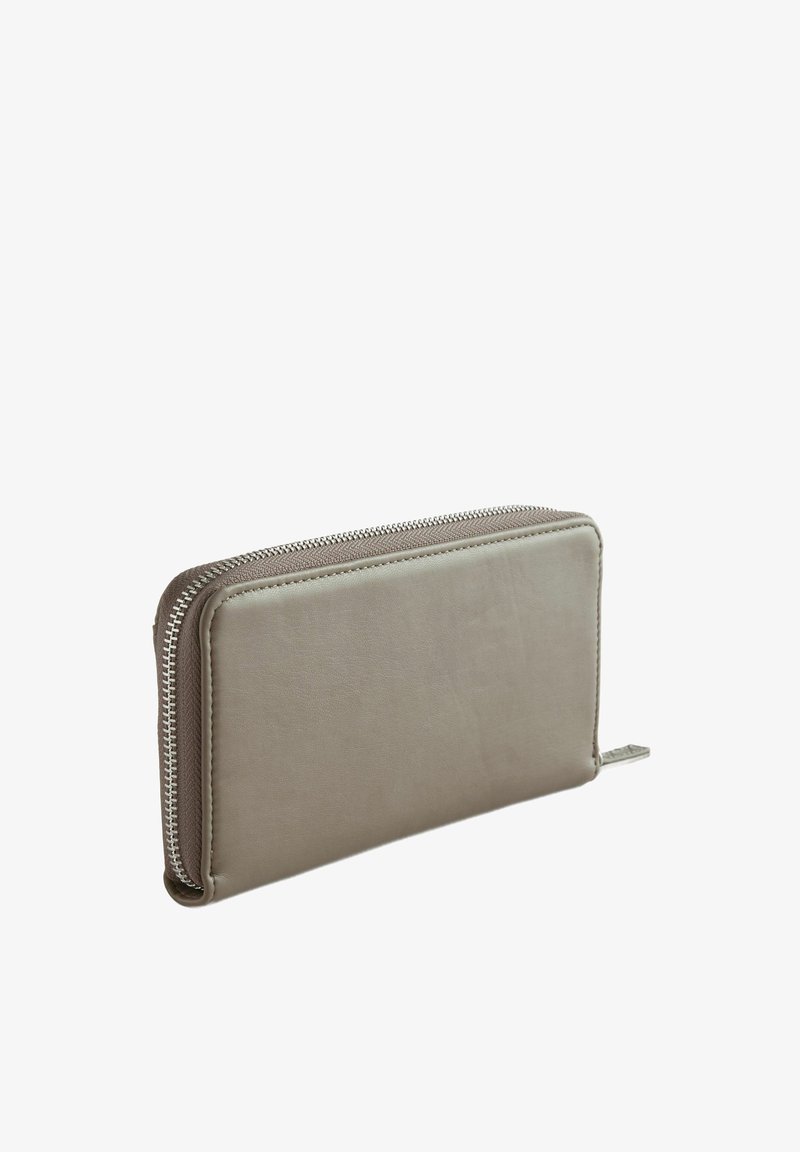 Portofel cu fermoar în gri deschis, având un design elegant și neted din piele. Este remarcabil prin forma sa minimalistă și detaliul de fermoar metalic.