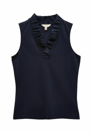 Navy sleeveless top with V-neck and ruffled collar detail, made of smooth fabric, size medium, brand Joules.