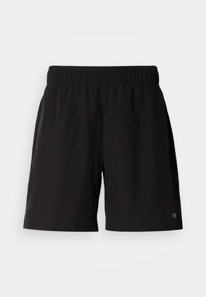 Mustad lühikesed püksid elastse vöökohaga, valmistatud kergest kangast, millel on sile tekstuur ja alumisel paremal äärel asuv logo.