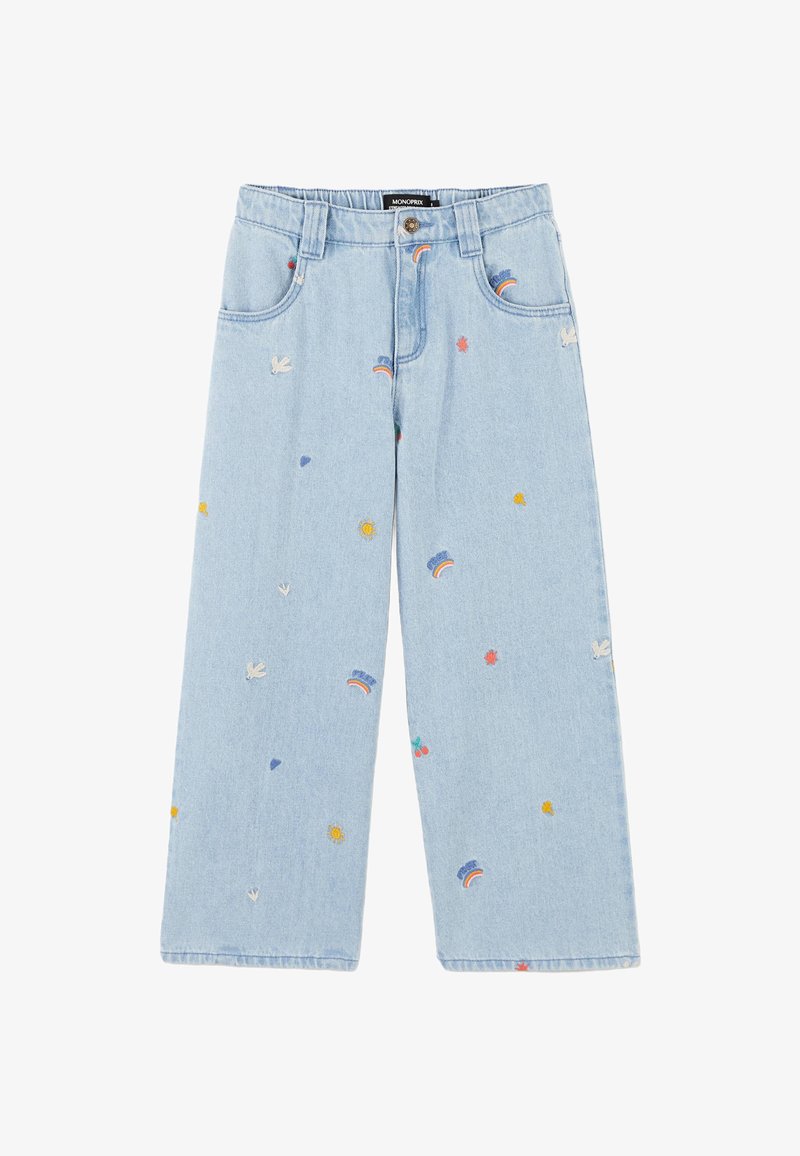 Jeans large en denim bleu clair avec des arcs-en-ciel colorés brodés, des soleils, des cerises et des oiseaux, dotés de poches avant et de passants de ceinture.