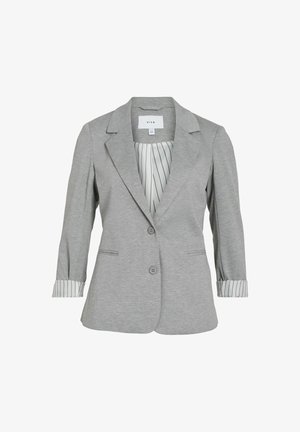 Light gray women's blazer with two buttons, notch lapel, and rolled-up sleeves revealing white lining with thin black stripes.
