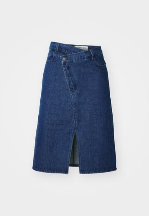 Dunkelblaue Jeansrock mit einem vorderen Schlitz, hoher Taille und Knopfverschluss. Verfügt über ein klassisches Fünf-Taschen-Design und einen klaren Saum.