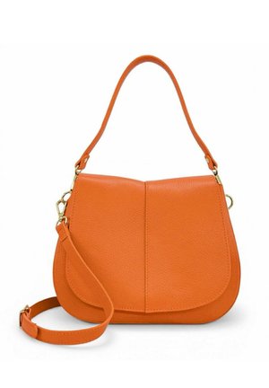 Sac à main en cuir texturé orange avec poignée supérieure et bandoulière amovible, bords arrondis et design simple et structuré.