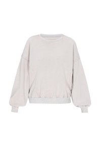 Maglione grigio chiaro con scollatura rotonda, spalle rigonfie e maniche lunghe arricciate. Presenta polsini e orlo a costine con una consistenza morbida.
