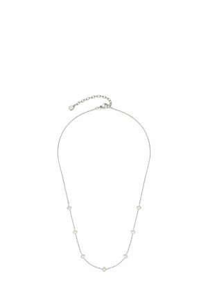 Fint sølvsmykke med syv jævnt placerede små kløverformede vedhæng og en justerbar låsekæde.