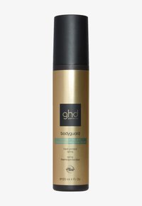 Hittebeschermende spray in een cilindervormige gouden en zwarte fles, met een zwarte dop, gelabeld "bodyguard" en ontworpen voor fijn haar.