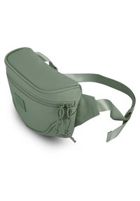 Rectangular green fabric waist bag with a padded top, dual zipper closure, adjustable strap, and textured surface.