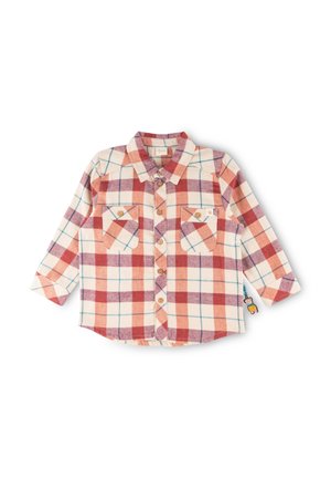 Rot-beige kariertes Flanellhemd mit langen Ärmeln, zwei Brusttaschen und Holzknöpfen. Verfügt über einen kleinen Anhänger an der Seite.