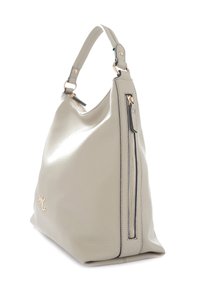 Borsa hobo in pelle grigia con una texture liscia, dotata di una zip dorata, tasca laterale e una base piatta per la stabilità.