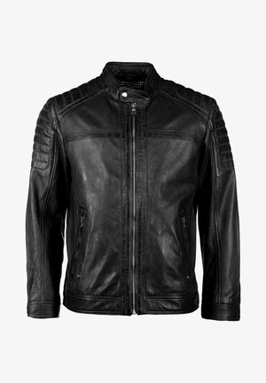 Sort læderjakke med lynlås foran, quiltede skulderdetaljer og to sidelommer. Glat finish og skræddersyet design.