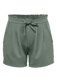 Zelené pletené šortky s volánkovým elastickým páskem, šňůrkovým uzávěrem a bočními kapsami s plisováním. Měkká textura.