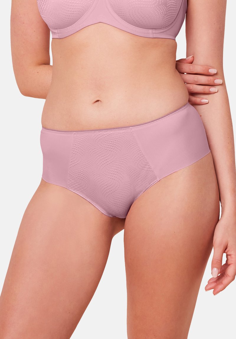 Mutandine a vita alta di un rosa chiaro, realizzate in tessuto morbido, con un motivo testurizzato sul davanti e un design semplice sul retro.