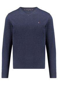 Navy V-neck sweater made of soft knit fabric with long sleeves, featuring a small logo on the chest and ribbed cuffs and hem.