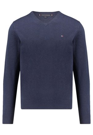 Marineblauwe V-hals trui van zachte gebreide stof met lange mouwen, voorzien van een klein logo op de borst en geribbelde manchetten en zoom.