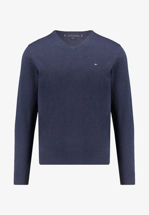 Navy V-neck sweater made of soft knit fabric with long sleeves, featuring a small logo on the chest and ribbed cuffs and hem.