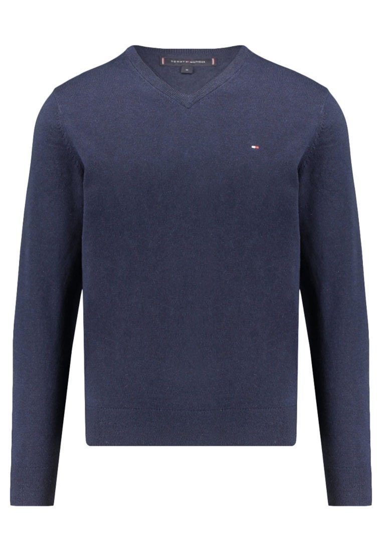 Navy V-neck sweater made of soft knit fabric with long sleeves, featuring a small logo on the chest and ribbed cuffs and hem.